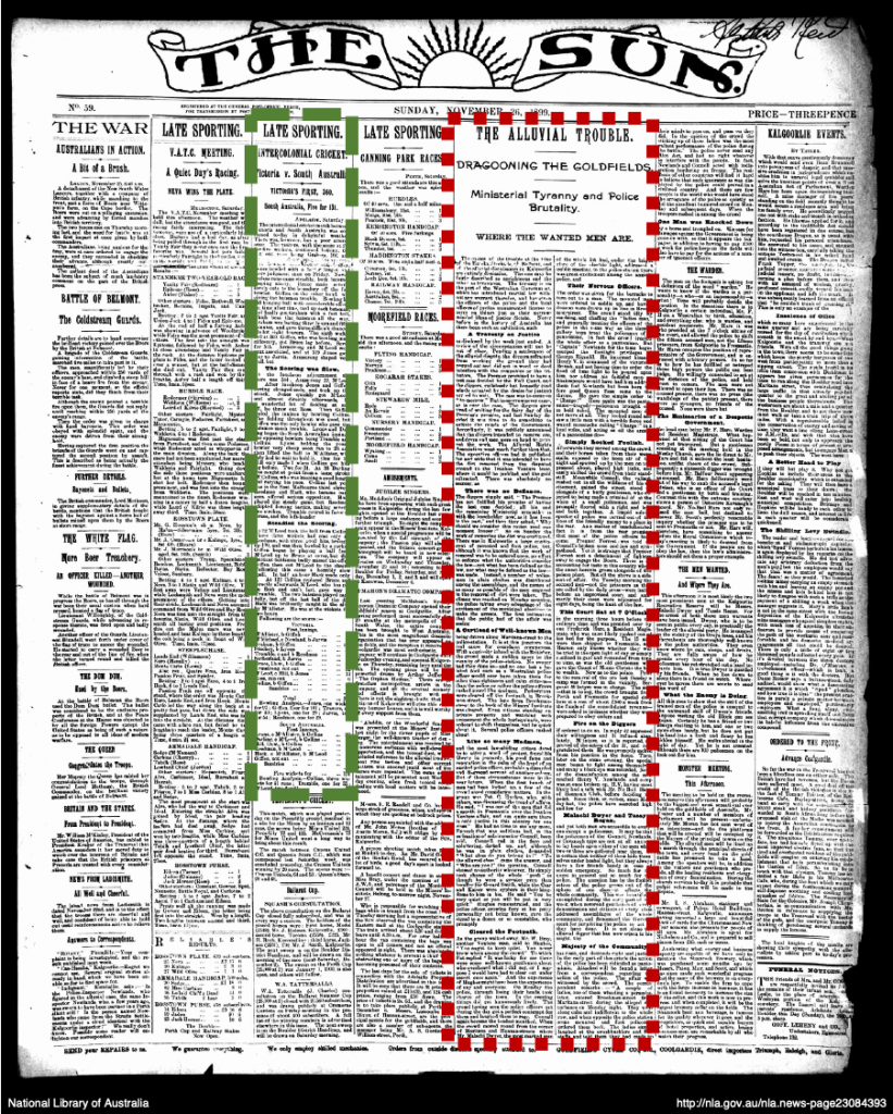 Picture of The Sun newspaper showing one article within a column containing several articles, and one article split into several columns.