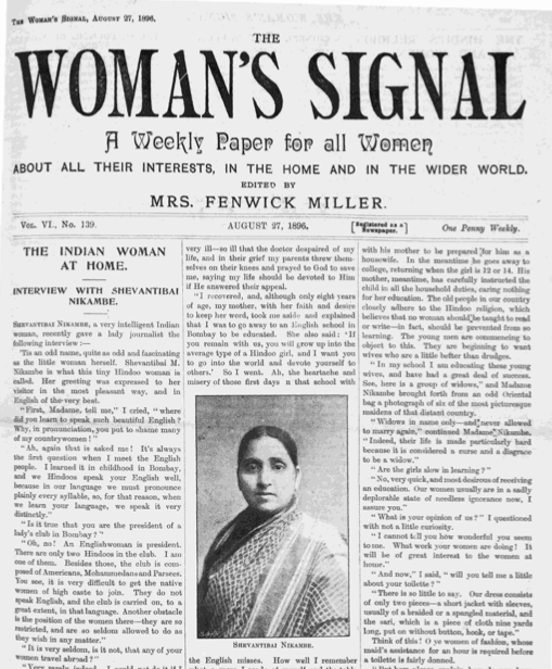 Front page of newspaper, "The Woman's Signal," with header followed by three columns of text. A photograph of an Indian woman dominates the center column.